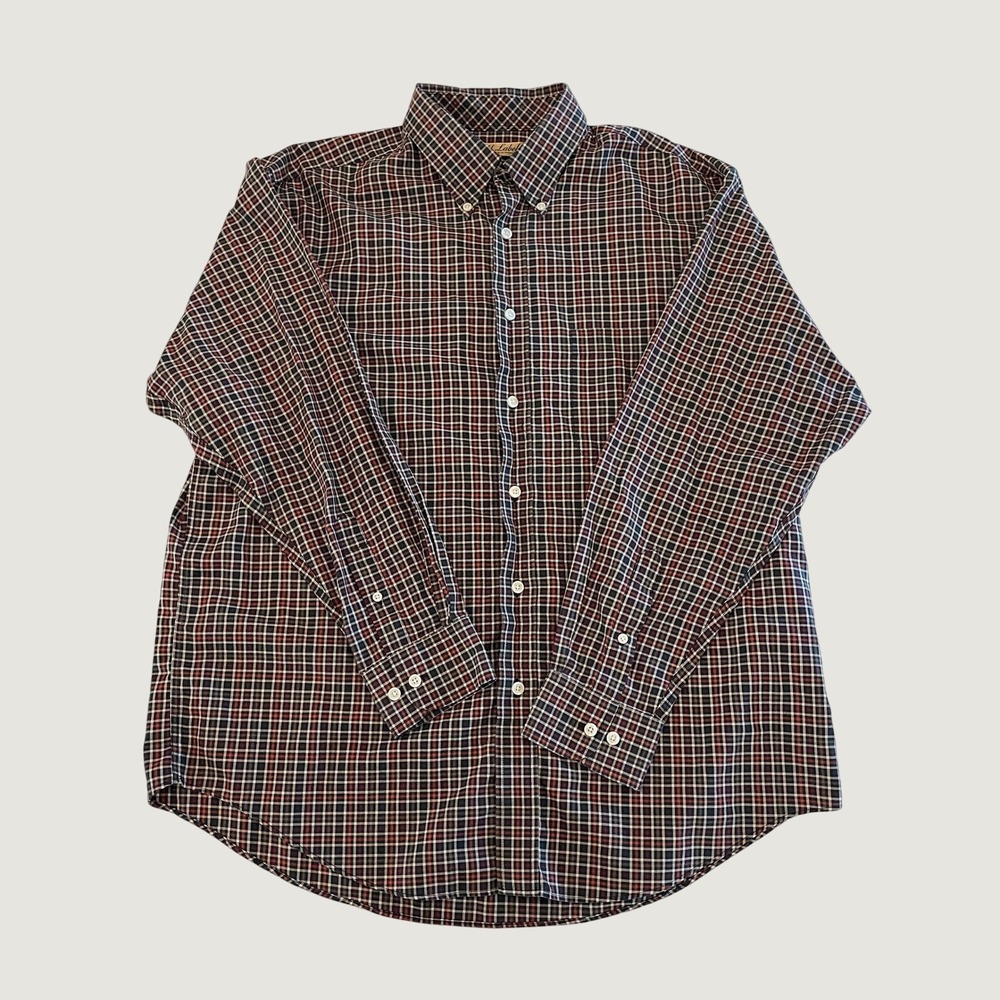 Roundtree & Yorke Gold Label Mens Large No Iron Plaid Button Down Shirt Navy Red